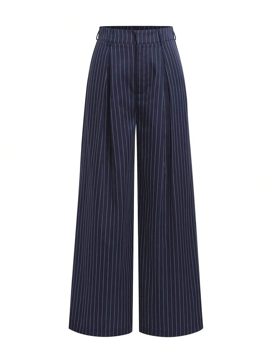 Women's Elegant Striped Pleated Pocket Long Pants For Office And Commute - Navy Blue - View 1