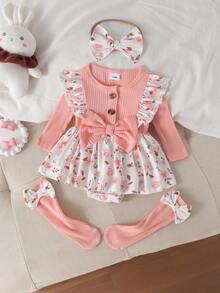 1pc Newborn (Girl) Baby Comfortable Ribbed Patchwork Printed Romper Dress With Headband And Leg Warmers, Thin Spring/Autumn - Pink - View 1