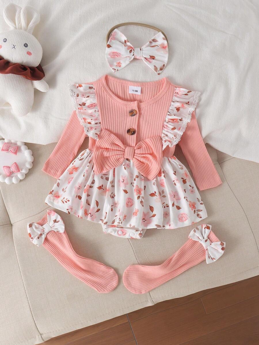 1pc Newborn (Girl) Baby Comfortable Ribbed Patchwork Printed Romper Dress With Headband And Leg Warmers, Thin Spring/Autumn - Pink - View 1