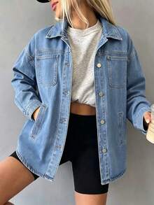 Women's Casual Loose Denim Shirt Jacket With Pockets - Medium Wash - View 9