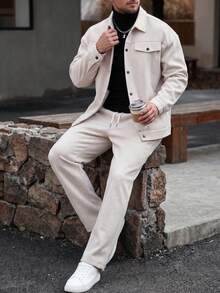 Men's Casual Shirt & Jacket Set, Beige Wool-Like Fabric, Autumn, Single-Breasted Long Sleeve Jacket And Drawstring Waist Pants Set - Apricot - View 3