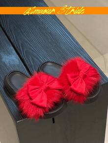 Women's Satin Bow Decor Fluffy Faux Fur Thick Sole Open Toe Slides, Anti-Slip Indoor/Outdoor Slippers - Red - View 1