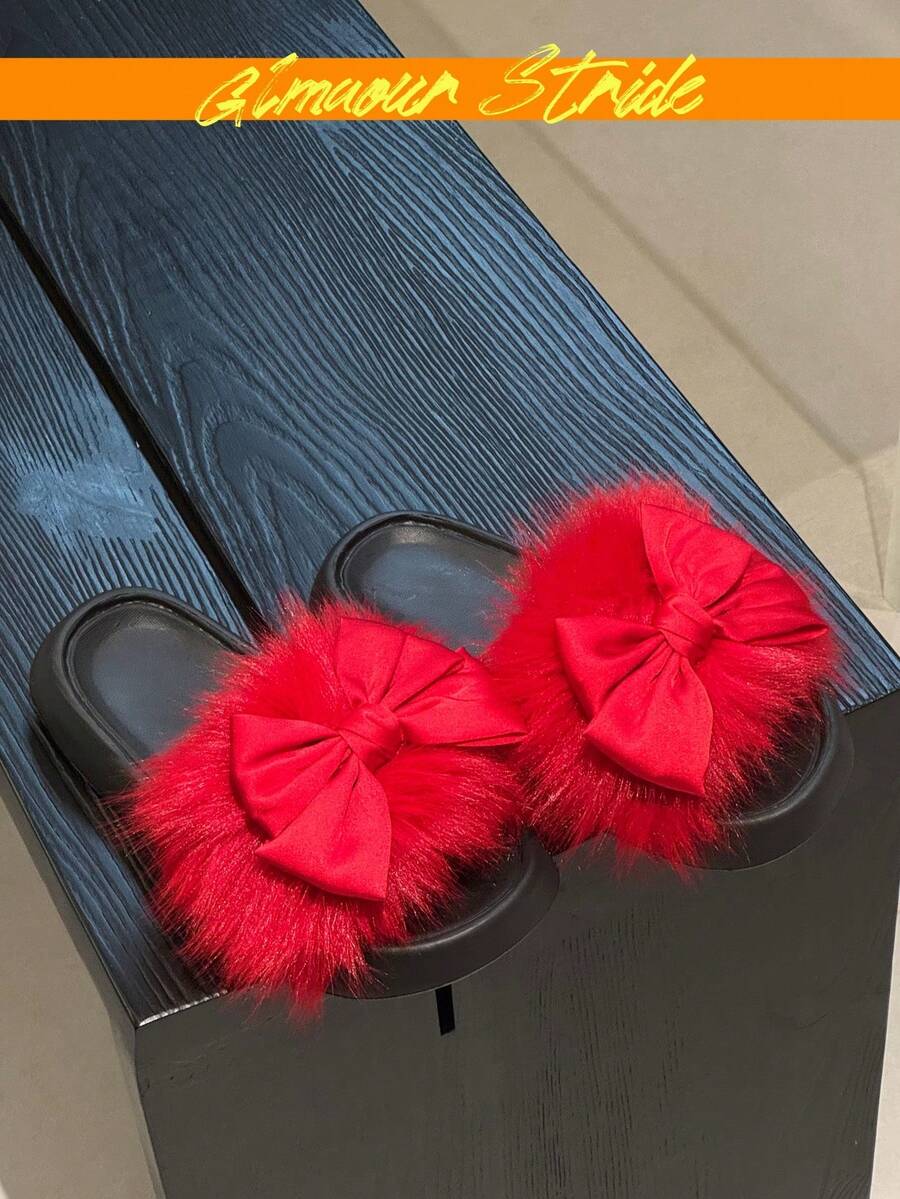 Women's Satin Bow Decor Fluffy Faux Fur Thick Sole Open Toe Slides, Anti-Slip Indoor/Outdoor Slippers - Red - View 1