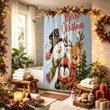 1pc Christmas Snowman & Reindeer Pattern Shower Curtain, Vintage Design, Waterproof, Suitable For Bathtub Partition, Bathroom Decor And Accessories, Christmas Decoration, Home Decor Gift, Includes 12 Hooks - Multicolor - View 8