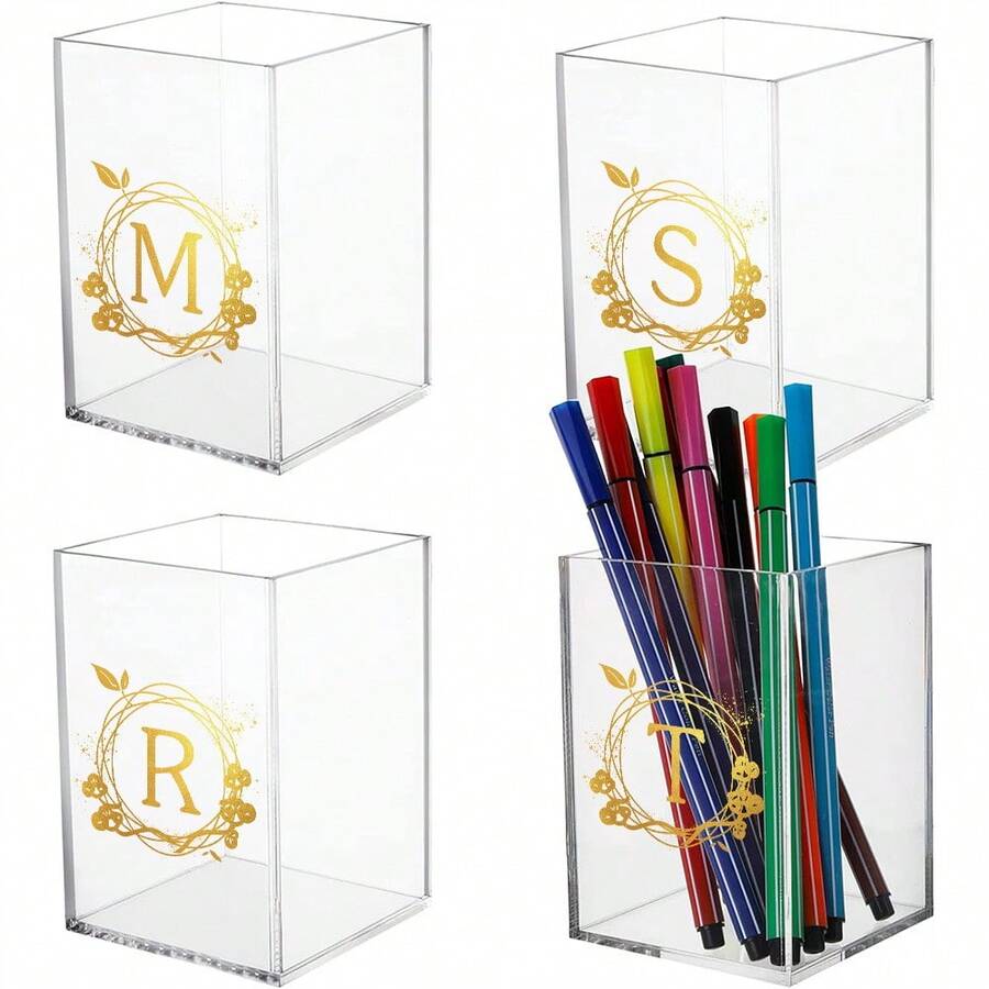Pencil Holder Storage Box Desktop Pen Holder Makeup Brush Storage Case Desktop Stationery Organizer Case Acrylic Pen Holder Pencil Cup Desk Organizer Storage Box Stationery Holder Gift Desktop Accessories Initial Name 26 Letters Pattern - Wreath - View 1