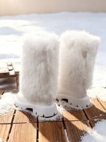 Girls White Tall Snow Boots, Faux Fur Trim, PU Leather, Thick Serrated Sole Winter Snow Boots - White - View 7