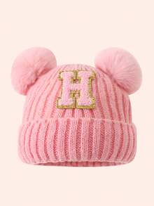 1pc Pink Kids Hat 26 Letters Baby Knitted Cap Boys Girls Warm Beanie Suitable For Outdoor Travel Daily Wear - Pink Gold Logo On Crown - Pink Double Ball Cap - View 16