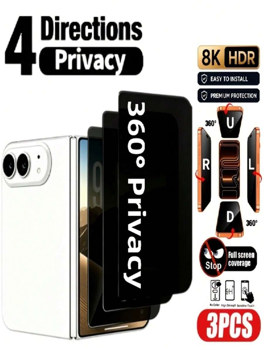 3pcs 4 Way 360 Degree Privacy Screen Protector Tempered Glass Compatible With IPhone 18 Pro Max 18 Pro Duo 9H+ Hardness, Anti-Fingerprint, Easy Installation, 4-Way Horizontal Privacy - Black - View 1