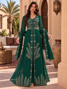 Women's Long Sleeve Elegant Sequin Evening Dress & Headscarf 2 Pieces Set Dress - Green - View 6