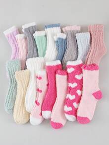 1/3/6/10 Pairs Random Women's Coral Thermal Lined Thickened Contrast Color Cuff Comfortable Warm Sleep Mid-Calf Socks - Multicolor - View 2