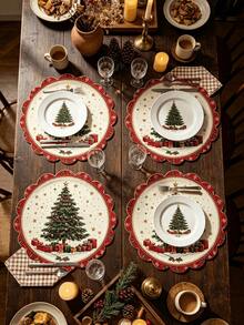 1/2/4pcs Linen Round Placemats, Christmas Tree Snowflake Gift Pattern, Christmas Print, Suitable For Kitchen And Dining Room Decoration. Christmas Family Gathering Party Atmosphere Table Decor, Utensils Not Included - Multiple Styles - View 4