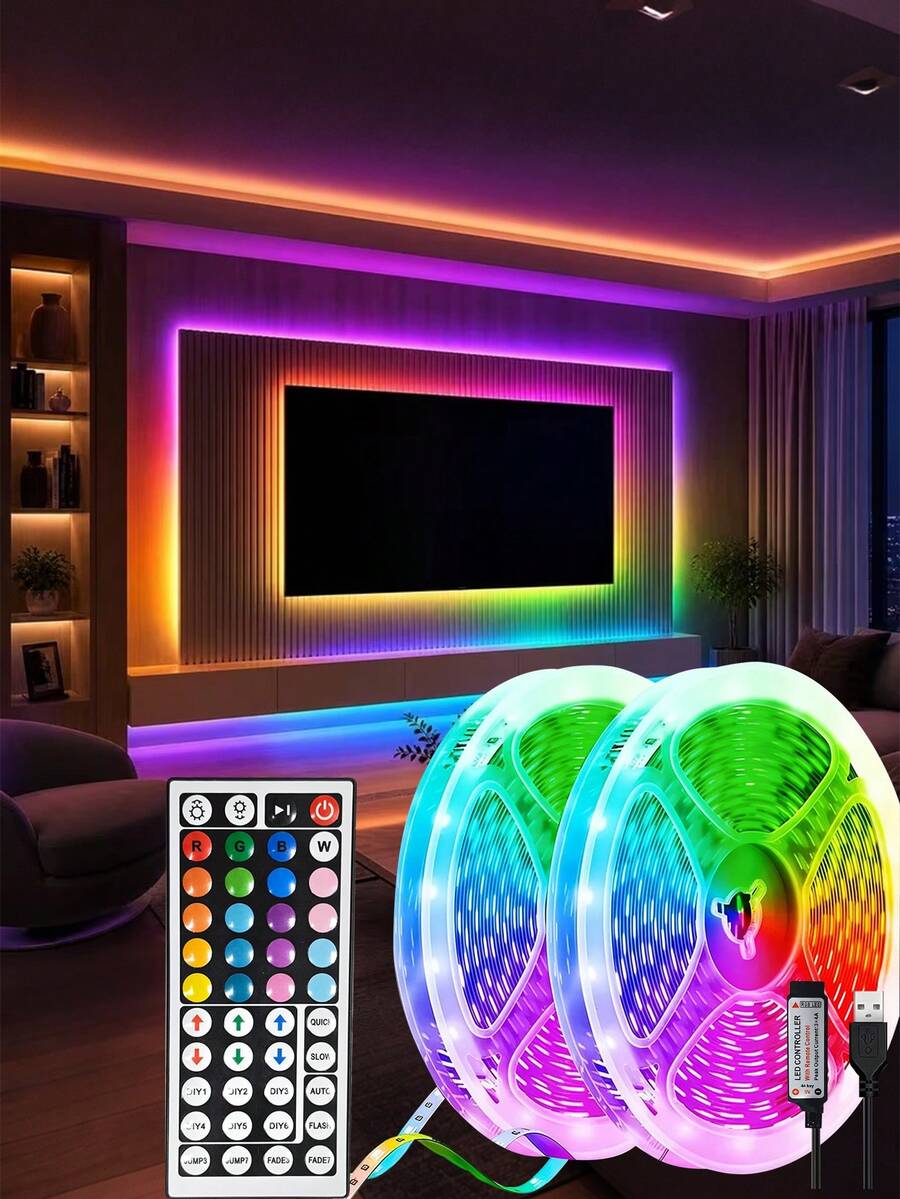 1/2/3/4/5/15m LED Light Strip, RGB Music Sync Color Changing LED Lights, Smart Remote Control, Suitable For Bedroom And Other Room Lighting, Flexible Home Decor, Applicable For Bedroom, Home, Outdoor, Party, Gathering - Black - View 1