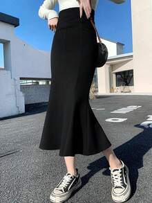 Elegant Women's Solid Color Mermaid Midi Skirt, Ruffle Hem, Stretchy Polyester Fabric Black - Black - View 3