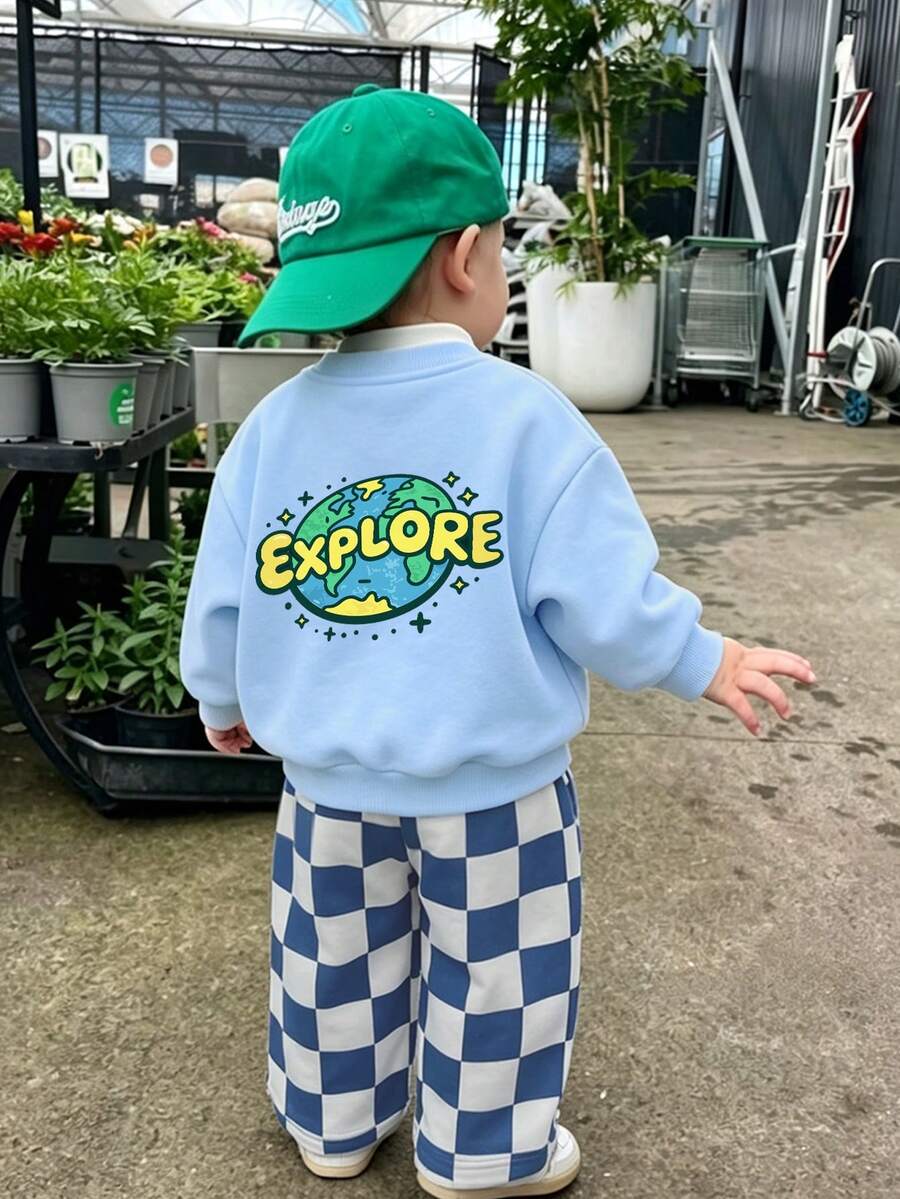 2pcs/Set Baby Boy Round Neck Printed Earth Pattern Sweatshirt And Casual Plaid Pants, Autumn/Winter New Baby Boy Outfit - Baby Blue - View 1
