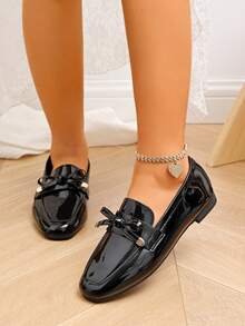 Sepatu Slip-On Minimalis Wanita Serbaguna dengan Simpul Pita, Warna Polos, Ujung Bulat, Sol Tipis, Sepatu Datar - Hitam - View 4