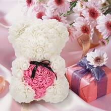 25.4 Cm Artificial Rose Bear Made Of PVC With Decorative Ribbon, Flower Teddy Bear For Home Decor, Living Room And Bedroom Ornament With Center Heart Design - White - View 5