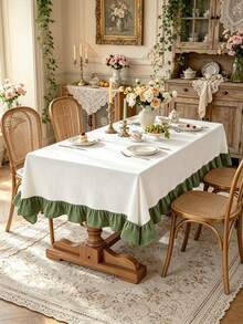 1PC Mori Style Moss Green Ruffle Edge Tablecloth, Rustic Vintage Decorative Dust Cover, Suitable For Dining Room, Patio, Afternoon Tea, Dining Table, Mori Style Wedding, Birthday Party, Photography Backdrop Decoration - Green - View 2
