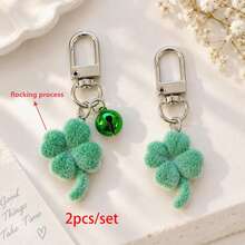 1pc/2pcs Women's New Flocked Unique Four-Leaf Clover Shaped Keychain Exquisite Bell Accessory Lucky Clover Friend Gift Fashion Bag Charm - Green - View 2