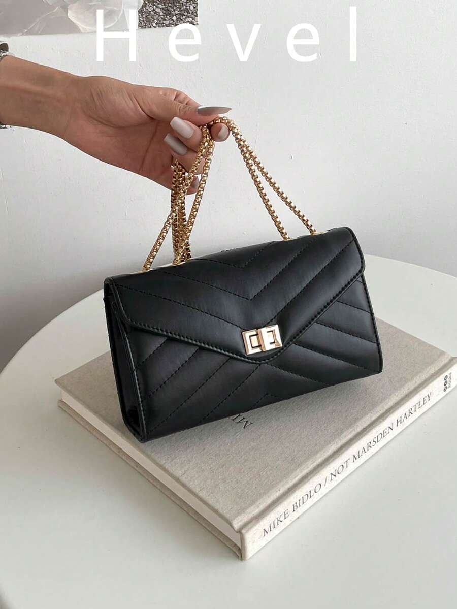 Hevel Fashion 純色菱格鏈條單肩包,多功能晚宴手拿包,輕量新款手提包,適合日常通勤斜背,適合上班族與學生,休閒手機零錢口紅斜挎包,黑色 - 黑色 - 查看 1