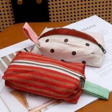 1pc Striped And Polka Dot Linen Pencil Case, Ins Style Large Capacity Zippered Bag With Handle, Back To School Student Stationery Bag - Multicolor - View 4