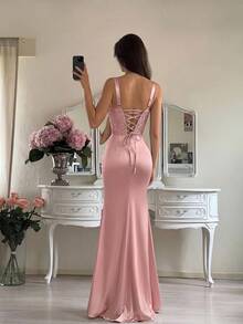 ADYCE Elegant Sequin Patchwork Thick Strap High Waist Pleated Fishbone High Slit Tie Back Floor Length Evening Gown, Suitable For Prom, Wedding Guest, Formal Dinner, Christmas, Autumn - Baby Pink - View 2