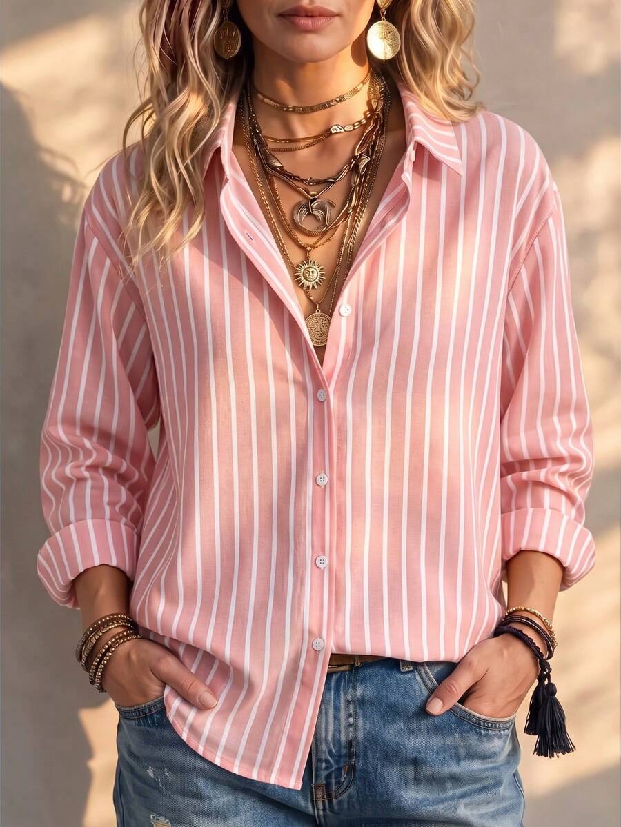 Women's Plus Size Fashion Winter Christmas White Abstract Print Button-Down Shirt Collar Long Sleeve Top, Autumn/Winter Fashion Holiday Blouse - Multicolor - View 1
