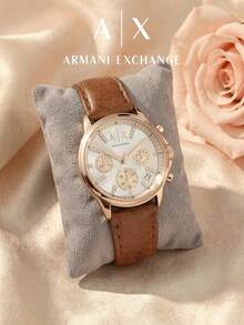 Armani Exchange Women's Gold-Tone Chronograph Watch, Brown Leather Strap, Mother Of Pearl Crystal Dial, Quartz Watch - Gold - View 6