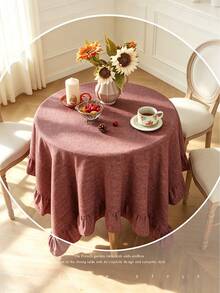 1pc Solid Color Faux Linen Tablecloth With Ruffle Hem Decor, Polyester Fabric, Rectangular/Square Tablecloth For Dining Room, Living Room Tabletop Decoration - Coffee Brown - View 8