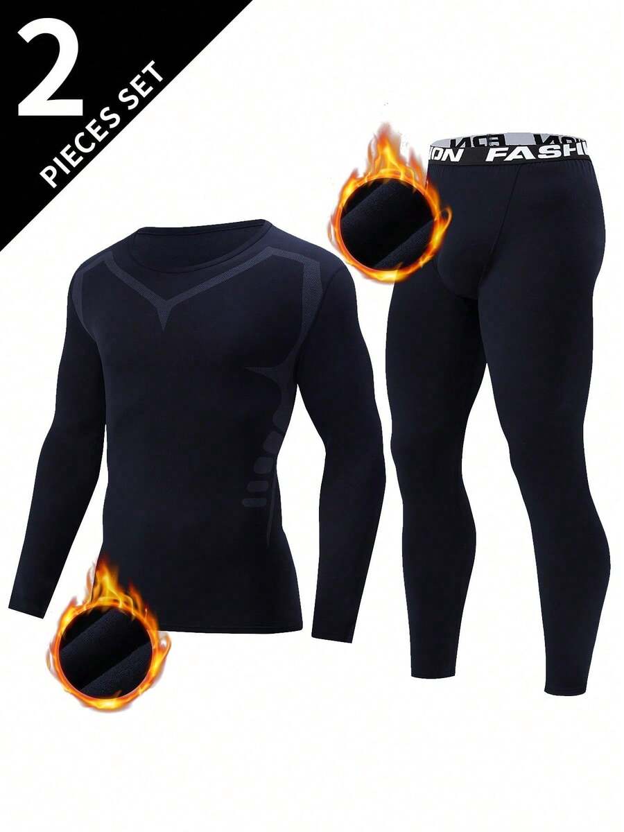2pcs Men's Thermal Shapewear, Ski Thermal Suit, Shapewear Top And Pants, Fall / Winter - Navy Blue - View 1