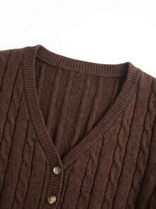 SEREN Women's Fashion Long Sleeve V-Neck Cable Knit Cropped Cardigan, Autumn Essential, Front Button Design, Y2K Top, Casual Streetwear Versatile - Coffee Brown - View 10