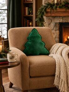 Christmas Tree Shaped Throw Pillow, Deep Green Velvet Textured Cushion, Soft Filled Decorative Pillow, Suitable For Sofa, Bedroom, Christmas Winter Home Decor - Multicolor - View 1