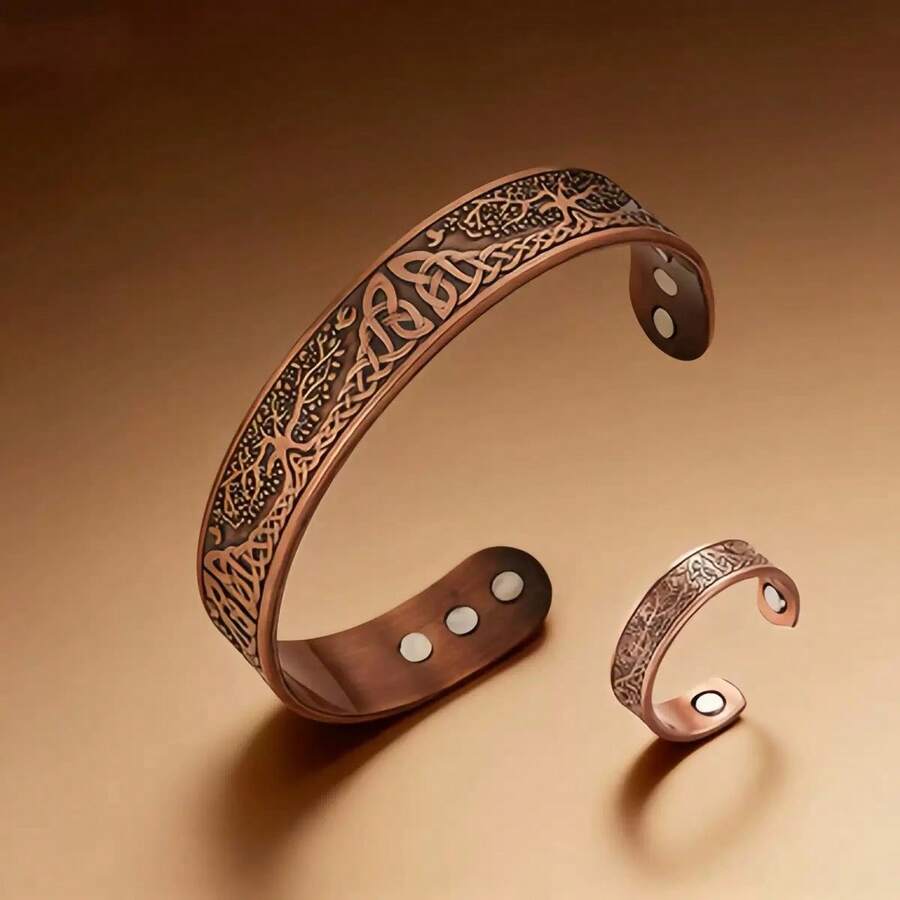1 buah Gelang Magnet Tembaga Murni: Gelang Ukiran Pohon Kehidupan, Dilengkapi 2 Magnet (Produk Berlapis Elektro mungkin memiliki sedikit goresan, yang merupakan hal normal) - Burgundy - View 1