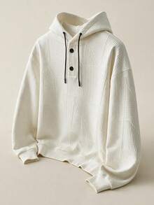 Men's Casual Fashion Solid Color Textured Fabric Long Sleeve Hoodie With Drawstring And Buttons, Versatile Sweatshirt For Outdoor Activities, Commuting And Daily Wear, Gift For Boyfriend Or Husband - White - View 3