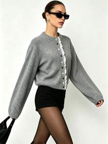 New Autumn/Winter Gray Round Neck Ruffle Trim Knit Cardigan For Women, Contrast Button Long Sleeve Soft Comfortable Sweater Jacket - Grey - View 4