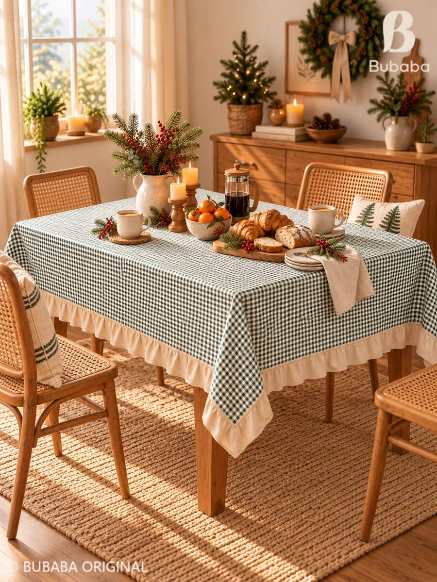 Bubaba 1pc Green Plaid Ruffle Edge Tablecloth, Vintage Pastoral Christmas Rectangular Dining Tablecloth, Beige Ruffle Edge, Bohemian Kitchen Holiday Decor - Green - View 1
