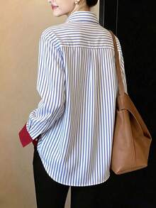 Fashion Plus Size Long Sleeve Button-Up Shirt, Red Lining And Cuffs, Regular Fit, Asymmetrical Hem, Modern Style - Blue - View 7