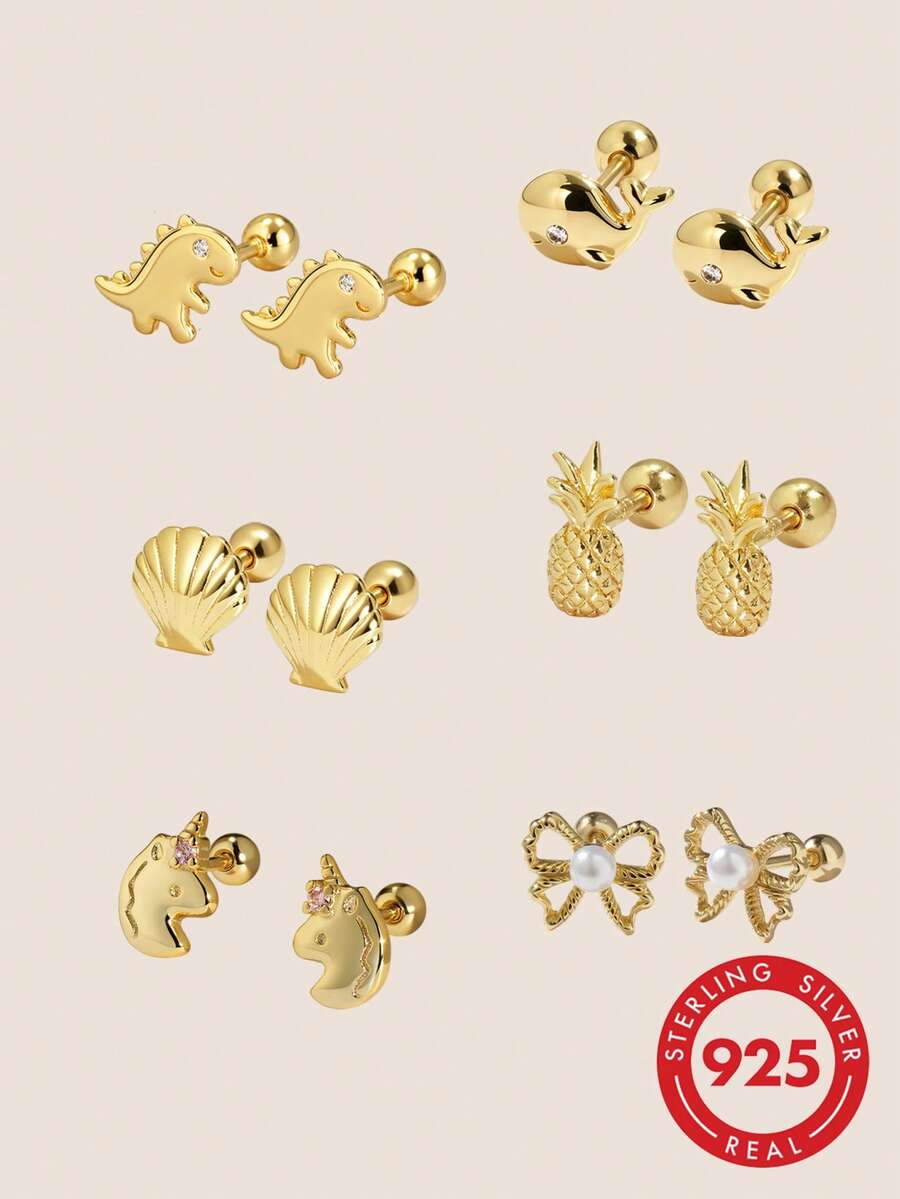 Artepollo 1Pair 925 Sterling Silver 14K Gold Plated Stud Earrings Cute Dinosaur Whale Pineapple Shell Unicorn Bow Ear Studs Girls Daily Jewelry, Gift Box Packed - Gold - View 1