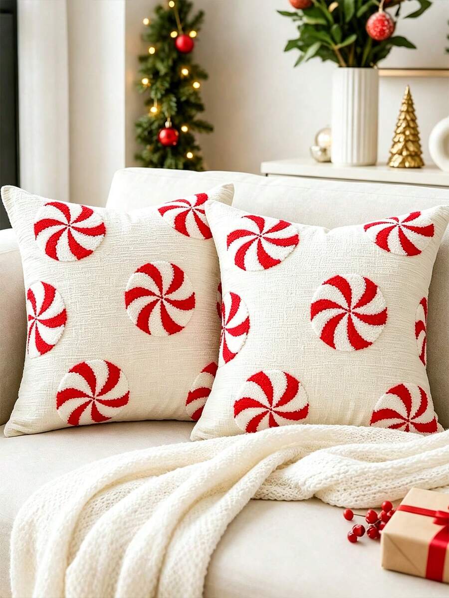 1pc/2pcs Christmas Candy Pillowcase, Candy Pillow Cover, Christmas Decoration, Candy Cane Pattern Decorative Cushion, Suitable For Sofa, Bedroom And Living Room - Candy - View 1