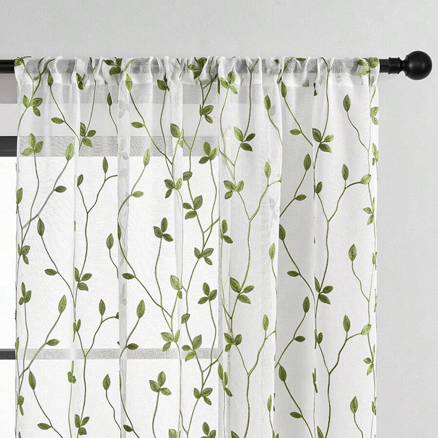 2pcs Embroidered Semi-Sheer Curtains, Light Filtering, Suitable For Kitchen, Home Or Office, Solid Color Design, Modern Country Style, Suitable For Bedroom And Living Room Use - Green - View 1