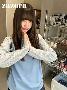 Contrast Color Print Raglan Sleeve T-Shirt, Autumn Korean Style Design Loose Fit Base Layer Top - Blue - View 5
