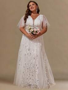 Women Plus Size V-Neck Sequins Evening Dress For Wedding Bridal Shower Bachelorette Party Prom Homecoming Gowns Formal Maxi Dresses - White - View 2