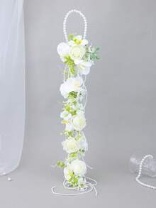 1pc Cascading Faux Pearl Handheld Flower Hoop, Artificial White Rose & Phalaenopsis Long Tear Drop Bouquet, Bridal Wedding Photo Prop - White - View 6