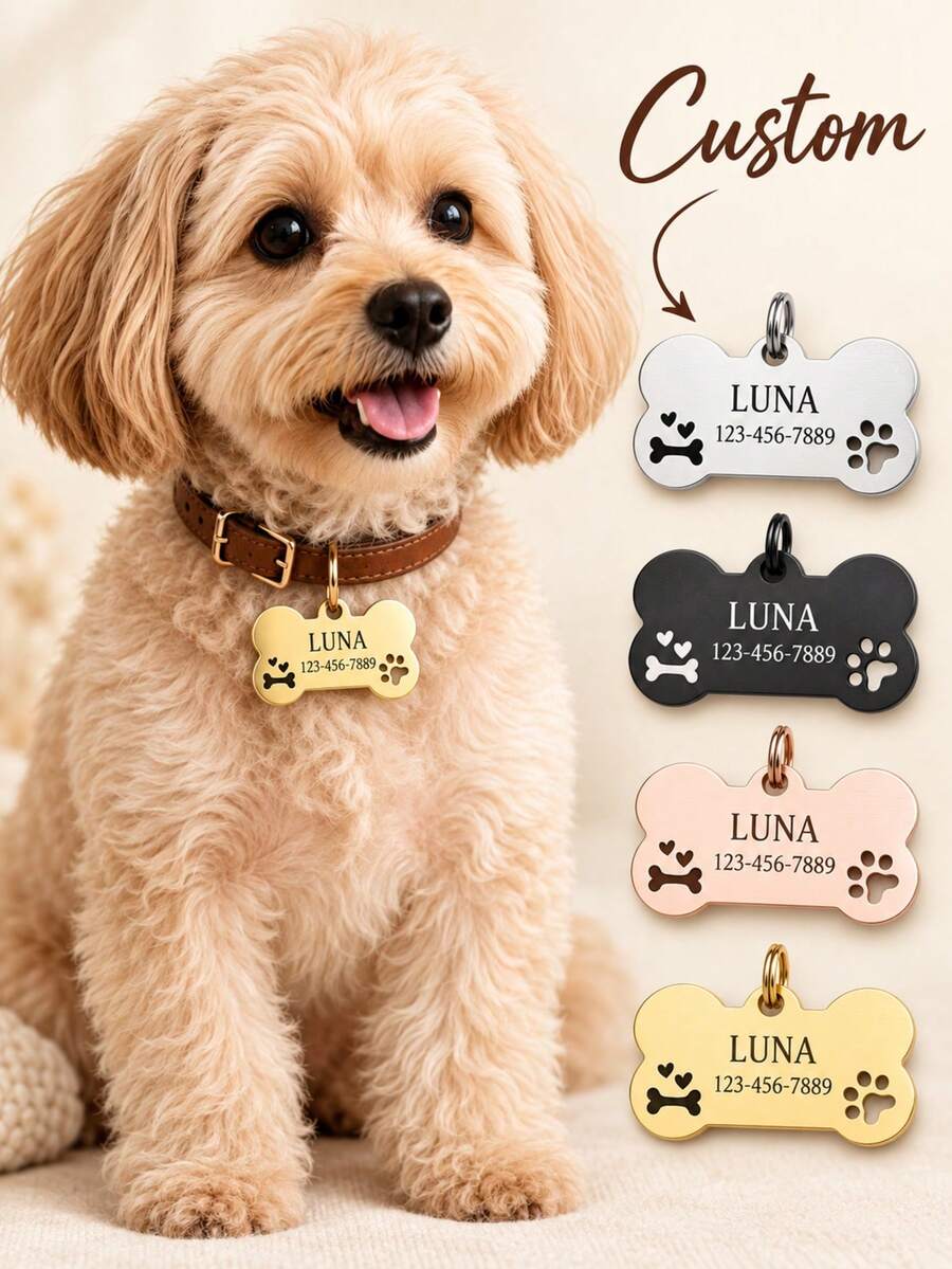 Cute Dog Tags Personalized Customization, Custom Bone-Shaped Dog Tags, Dog Name Tags, Dog Collar Tags, Puppy Tags, Custom Stainless Steel Pet ID Tags - Multicolor - View 1