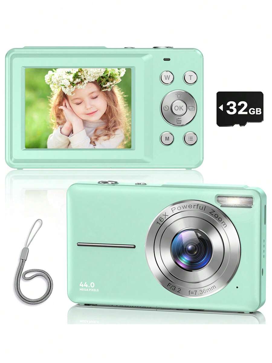 Nicamery 4400万像素全高清1080P青少年专用数码相机，16倍光学变焦，配备32GB存储卡和颈带，是初学者的理想礼物