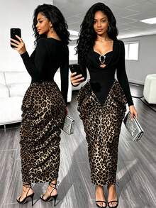 RNU Gaun Pesta Musim Gugur/Dingin Wanita Motif Leopard, Gaun Panjang Lengan Panjang Berkerut dengan Hiasan Gesper Logam dan Kerah V, Gaun Malam Unik Motif Leopard Kasual dengan Rumbai Asimetris - Hitam - View 10