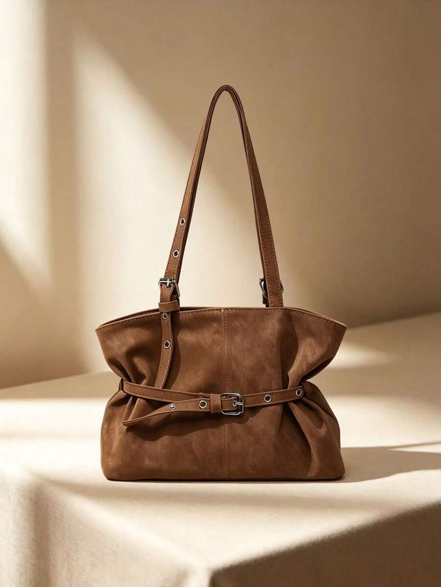 Women's Soft Tote Shoulder Bag, Metal Buckle Belt Decor Adjustable Strap Casual Large Capacity Handbag - Brown - View 1