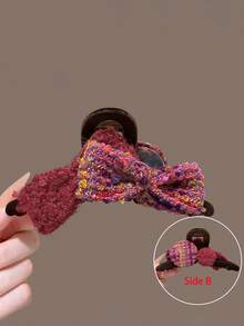 1pc Women's AB Side Bowknot Plush Hair Claw Clip, Large Size, Versatile Hair Accessory For Daily/Date/Commute - Multicolor - View 10