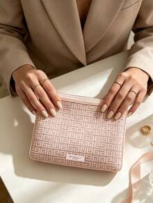 Givenchy Pink Woven Texture Zipper Storage Bag, Vintage Print Portable Women's Bag, Large Capacity Makeup Bag, Multi-Functional Document & Pen Pouch, Exquisite & Practical Gift For Girls - Baby Pink - View 4