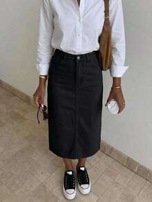 TALL Woman High Waist Solid Color Casual Straight Denim Midi Skirt - Black - View 2