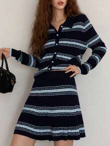 Women's New Autumn/Winter Minimalist Striped Sweater Cardigan Jacket And Skirt 2 Pieces Set - Navy Blue - View 1